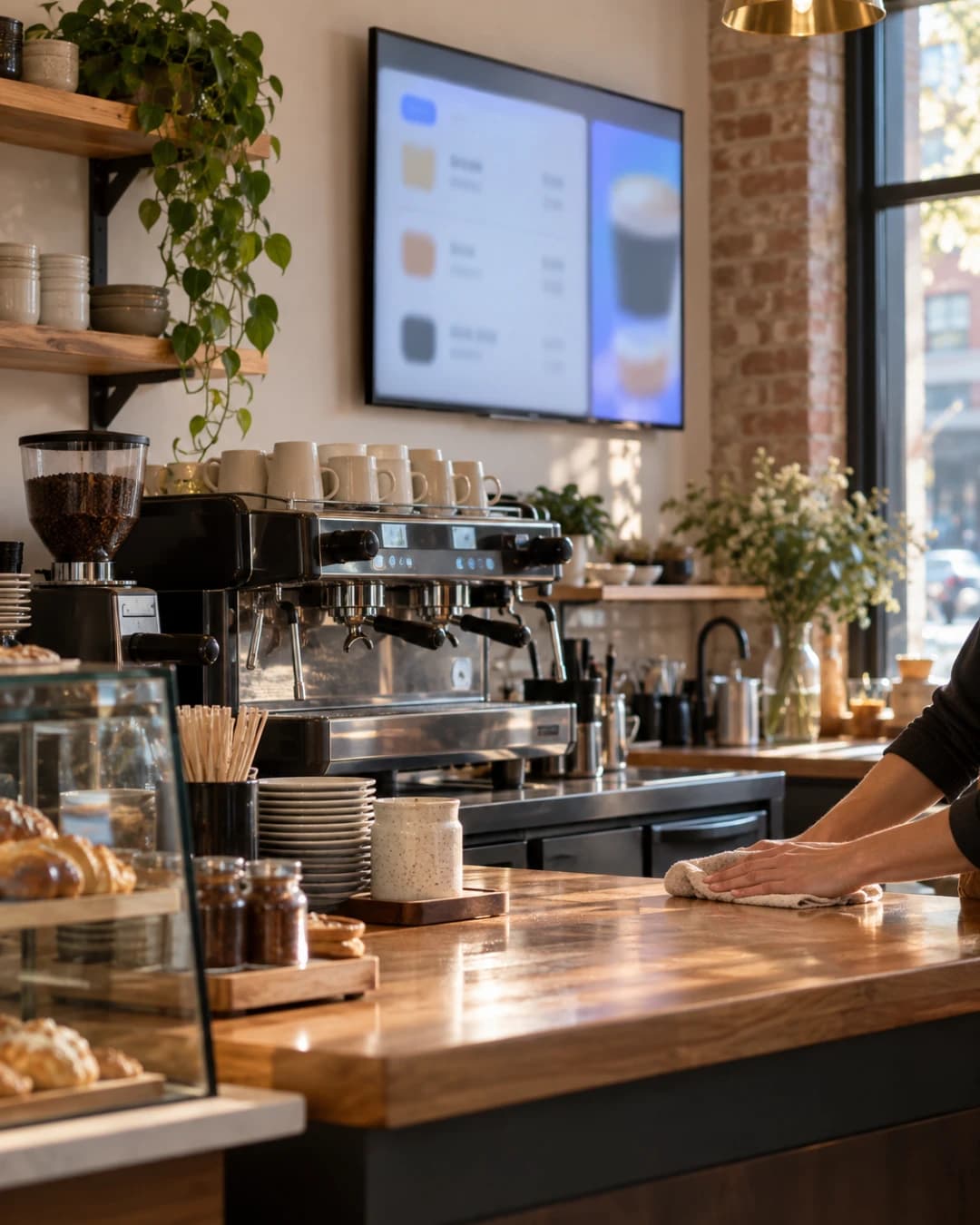 A café counter with a menu screen on the wall behind the espresso machine.