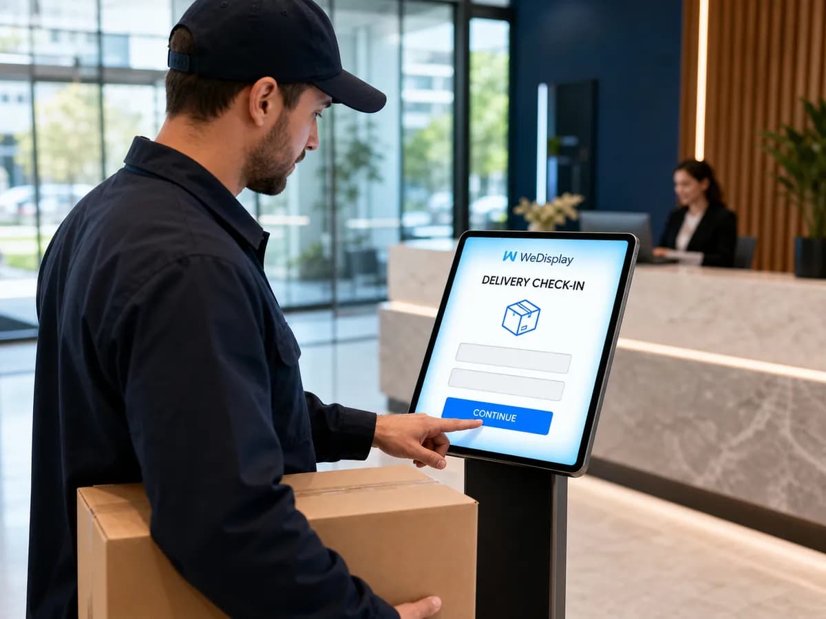 Un repartidor con un paquete toca la tableta de registro en el mostrador de recepción.