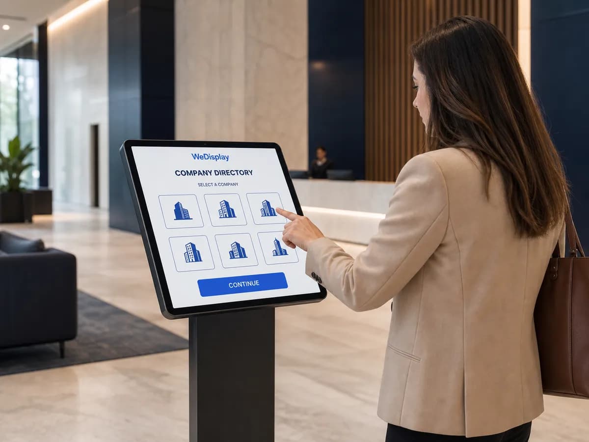 Una tableta de registro sobre un soporte en el vestíbulo de un edificio compartido, con su pantalla mostrando una cuadrícula de fichas de empresas.
