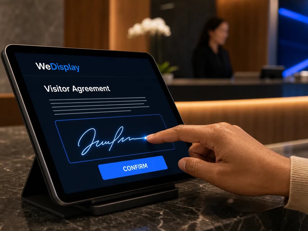 Ilustración del paso de la firma: un dedo traza una firma en una tableta que muestra un acuerdo de visitante y un botón de confirmación.
