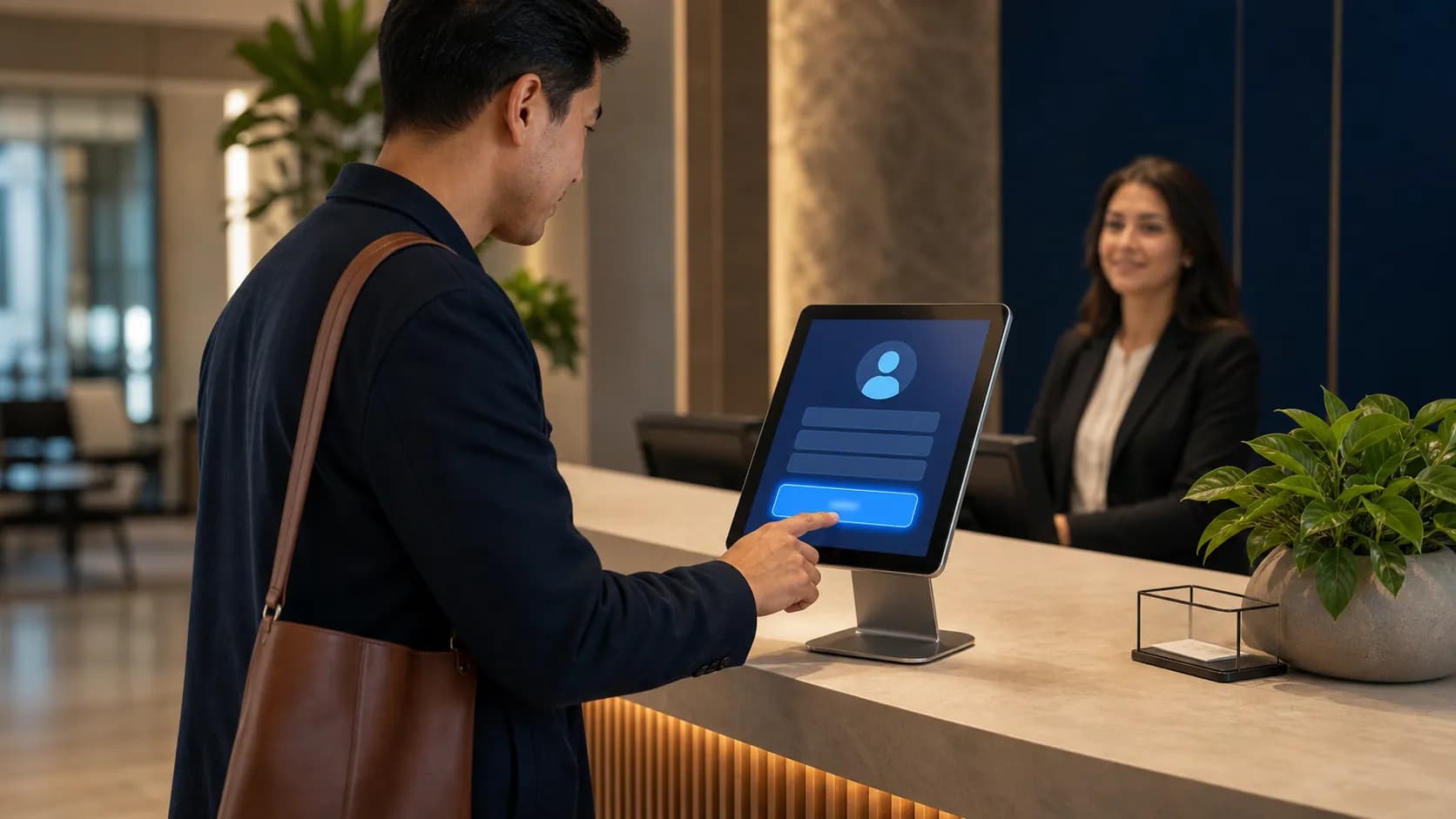 Una visitante a punto de tocar una tableta de registro sobre un soporte en el mostrador de recepción, con la recepcionista desenfocada al fondo.