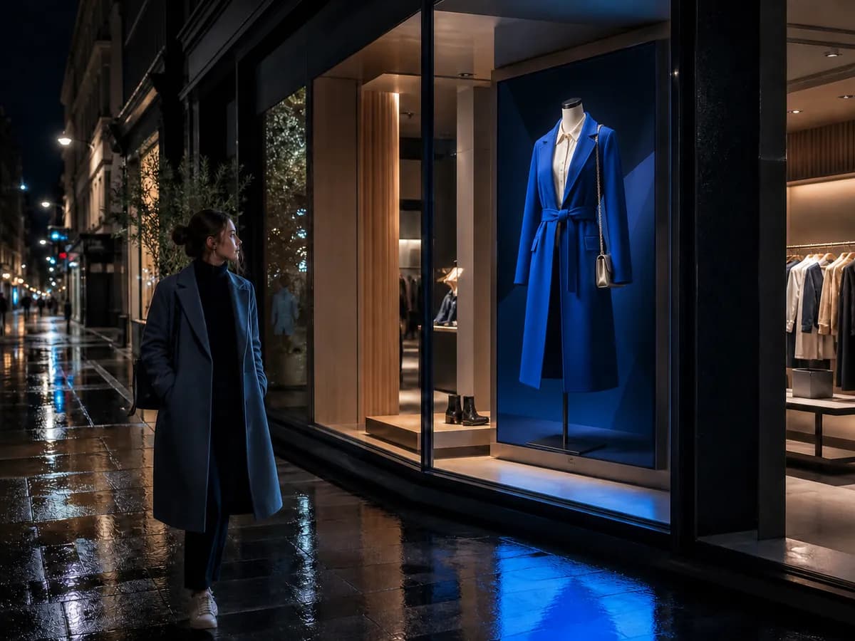 A tall screen inside a shop window at dusk, passers-by blurred on the sidewalk.