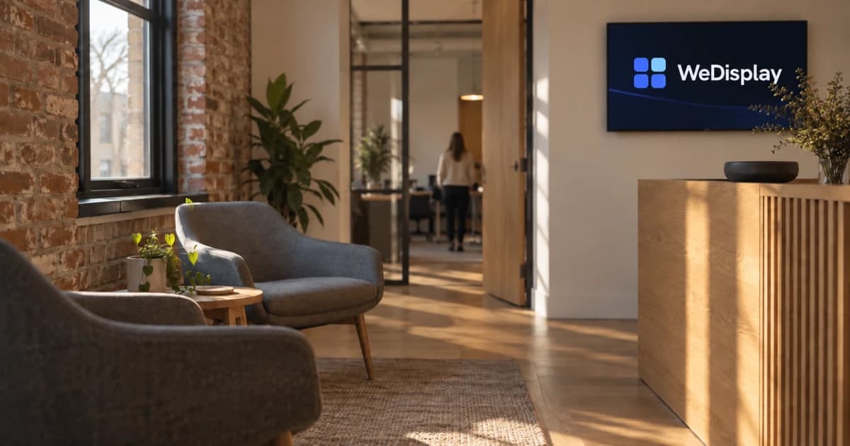 A waiting area with armchairs and a reception desk, a wall screen showing a calm information loop.