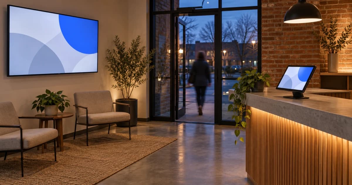 A hotel lobby at dusk with a wall screen and a check-in tablet, both lit in soft blue.