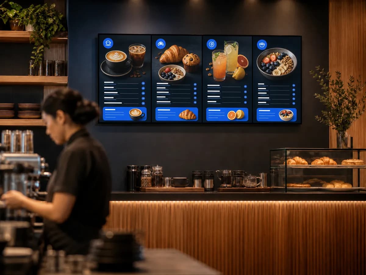 A digital menu board above a café counter, the price list laid out in clear columns.